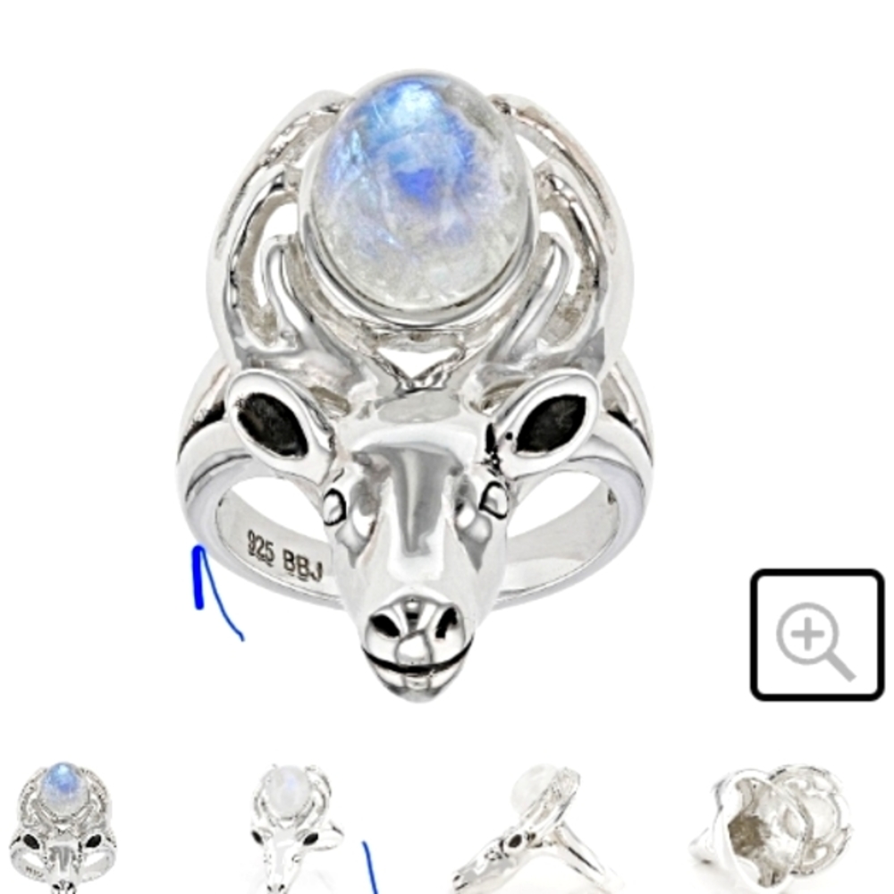 Rainbow Moonstone Rhodium Over Sterling Silver Moose Ring Size 8